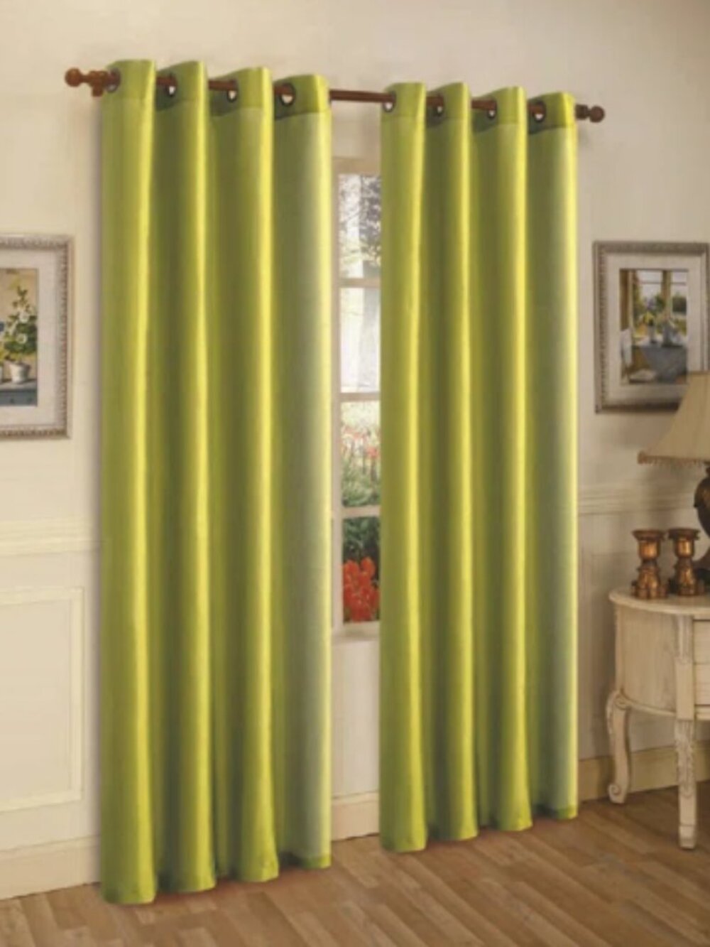 Mira Lime Green Faux Silk Semi Sheer Grommet Curtain Panels Set of 2 | 84x58